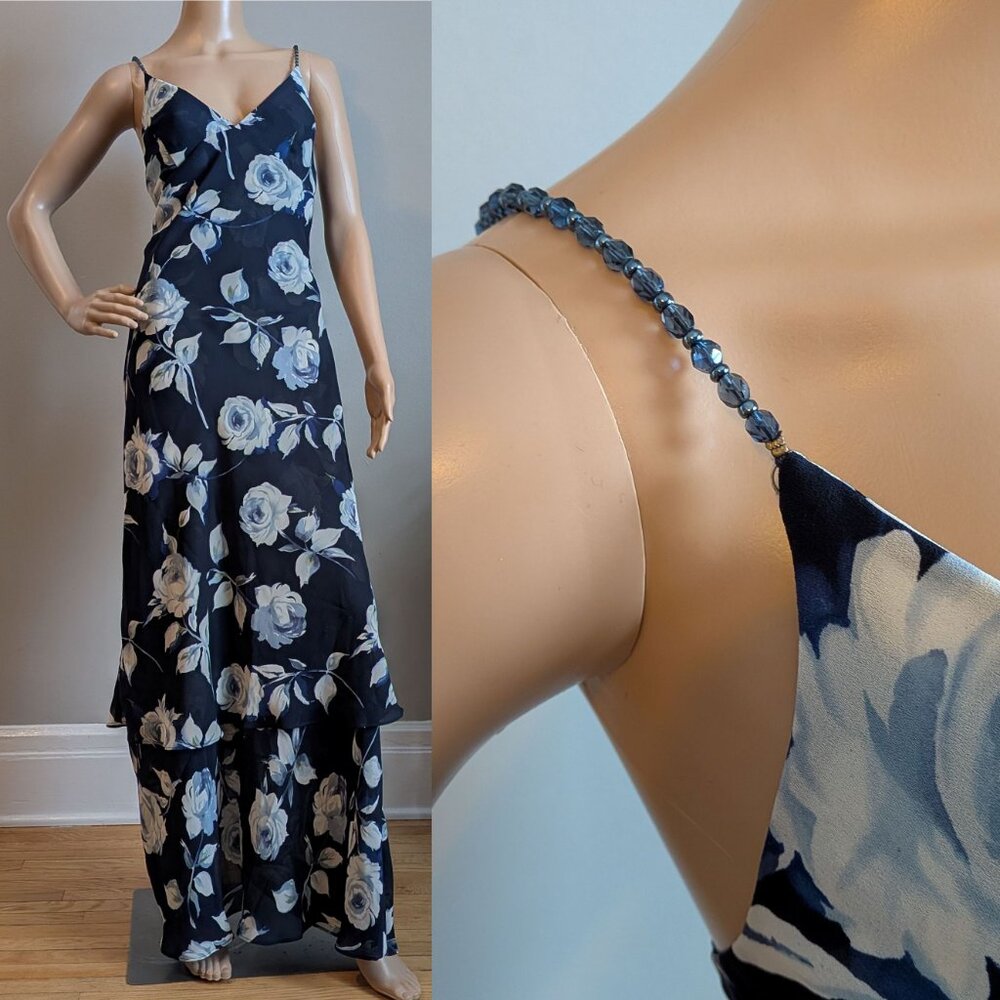 Vintage 90s Y2K Jessica McClintock Floral Gown Bejeweled Straps Maxi Dress 8 - Picture 2 of 11